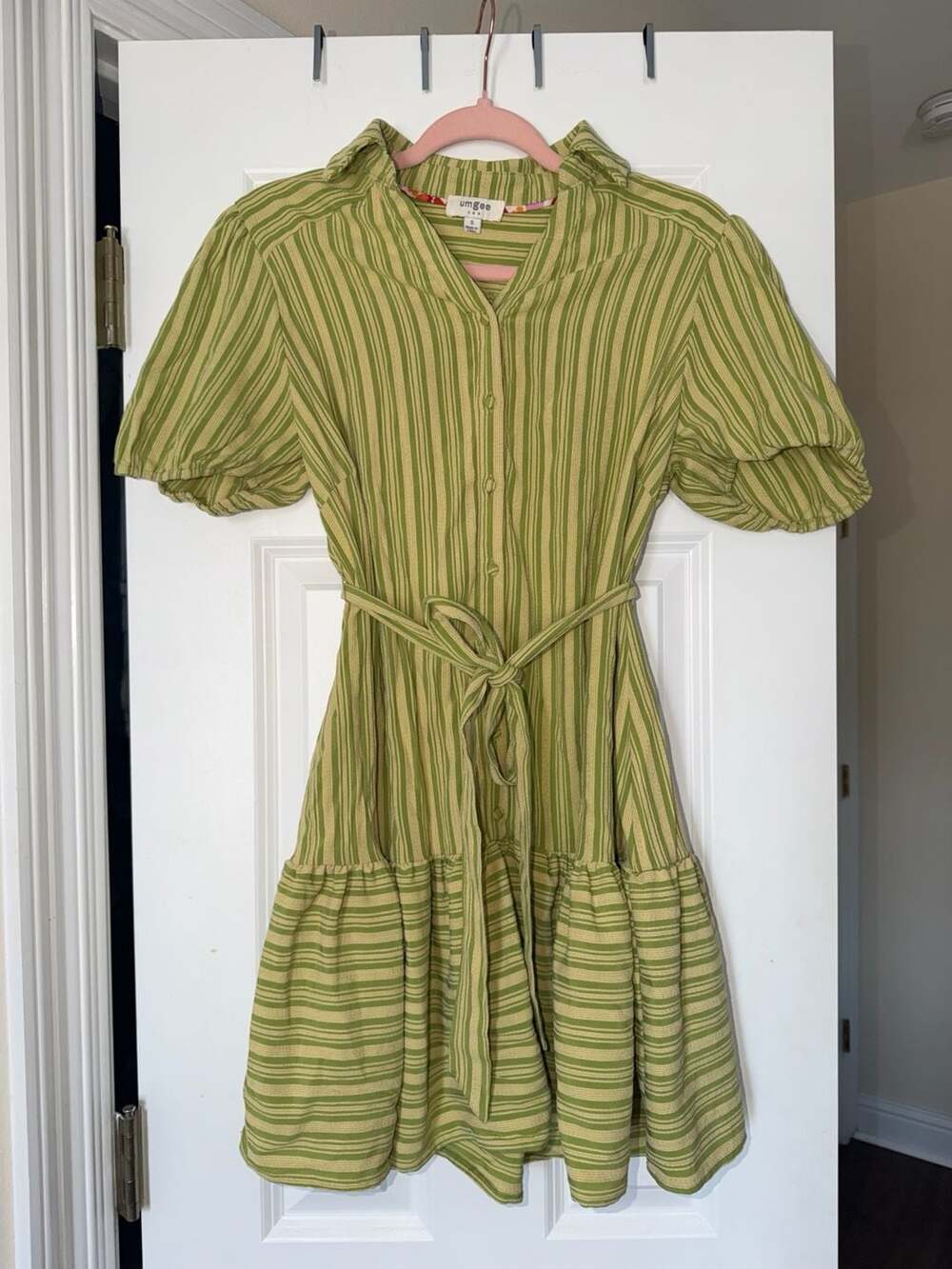 Umgee USA Green and Yellow Striped Puff Sleeve Belted Mini Dress